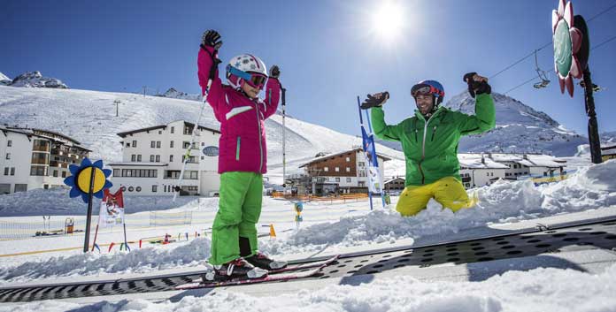 Veel hotels in Kühtai liggen aan de piste. Lekker makkelijk als je gaat skiën met kinderen. 