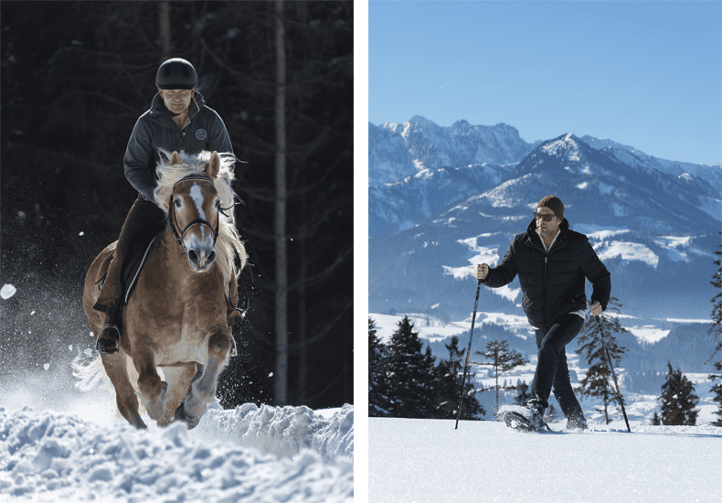 Geniet van een actieve wintervakantie. Ga paardrijden met Laszlo of ga lekker sneeuwschoenwandelen met zicht op de Wilder Kaiser en de Zahmer Kaiser. © Hubert Bernard / Peternhof