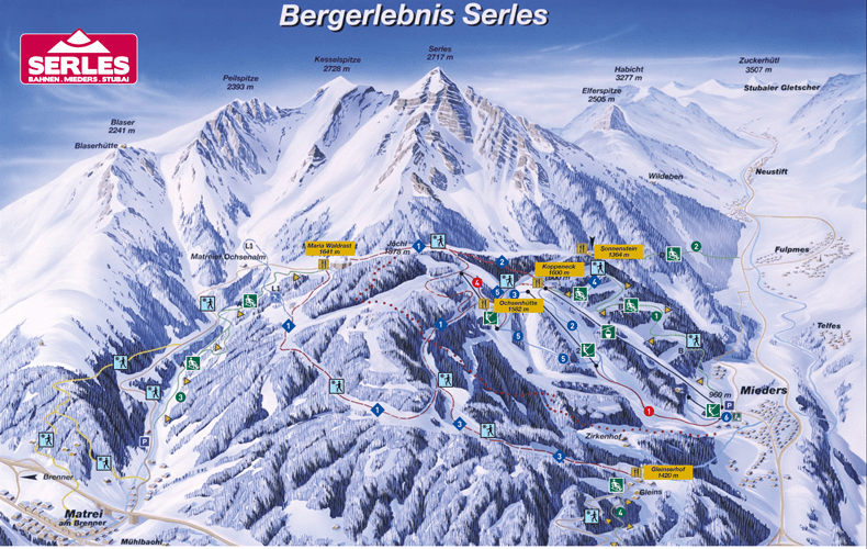 Piestenkaart van het Serles-skigebied bij Mieders in het Stubaital in Tirol © TVB Stubai Tirol