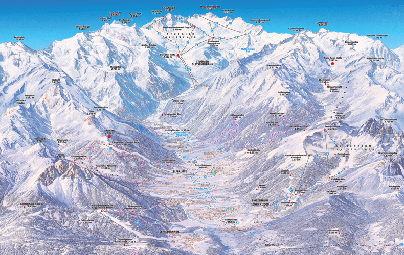 Pistenkaart van alle skigebieden in het Stubaital © TVB Stubaital