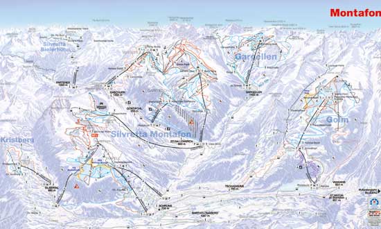 Skiën in Montafon kan in vijf skigebieden. Bekijk de skikaart van Montafon